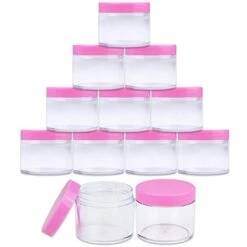 Beauticom 60 Grams/60 ML (2 Oz) Round Clear Leak Proof Plastic Container Jars With Pink Lids For Travel Storage Makeup Cosmetic Lotion Scrubs Creams Oils Salves Ointments (12 Jars)
