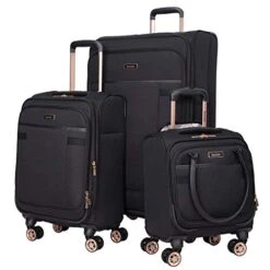 Kensie Women's Hudson Softside 3-Piece Spinner Luggage Set, Black With Rose Gold, (20/24/28)