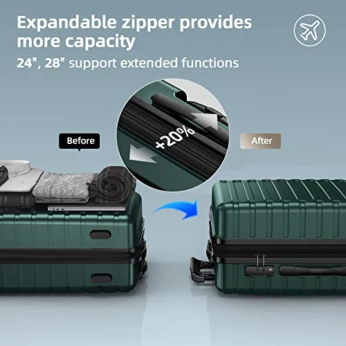 SHOWKOO Luggage Sets Expandable ABS Hardshell 3pcs Clearance Luggage Hardside Lightweight Durable Suitcase Sets Spinner Wheels Suitcase With TSA Lock (Dark Green) 5 SHOWKOO Luggage Sets Expandable ABS Hardshell 3pcs Clearance Luggage Hardside Lightweight Durable Suitcase Sets Spinner Wheels Suitcase With TSA Lock (Dark Green) - Image 3