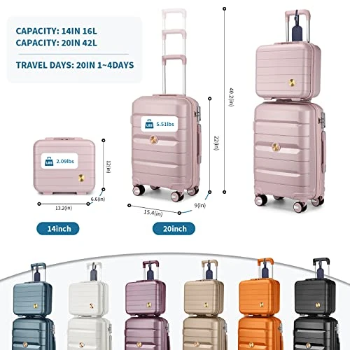 Somago 20IN Carry On Luggage And 14IN Mini Cosmetic Cases Travel Set Hardside Luggage With Spinner Wheels Lightweight Polypropylene Suitcase With TSA Lock (2-Piece Set (14/20), Nude Pink) 5 Somago 20IN Carry On Luggage And 14IN Mini Cosmetic Cases Travel Set Hardside Luggage With Spinner Wheels Lightweight Polypropylene Suitcase With TSA Lock (2-Piece Set (14/20), Nude Pink) - Image 3