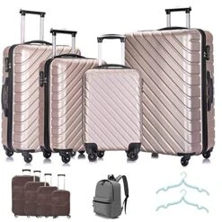 Apelila 5 Piece Hardshell Luggage Sets,Travel Suitcase,Carry On Luggage With Spinner Wheels Free Cover&Hanger Inside (Champagne Gold With Bag)