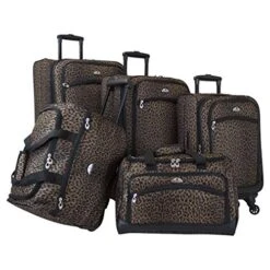 American Flyer Animal Print 5-Piece Spinner Luggage Set, Leopard Black