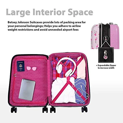 Betsey Johnson Designer 20 Inch Carry On - Expandable (ABS + PC) Hardside Luggage - Lightweight Durable Suitcase With 8-Rolling Spinner Wheels For Women (20in, Flamingo Strut) 5 Betsey Johnson Designer 20 Inch Carry On - Expandable (ABS + PC) Hardside Luggage - Lightweight Durable Suitcase With 8-Rolling Spinner Wheels For Women (20in, Flamingo Strut) - Image 3