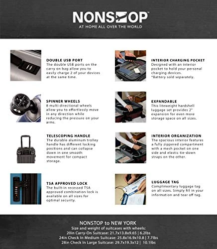 NONSTOP Luggage Expandable Spinner Wheels Hard Side Shell Travel Suitcase Set 3 Piece Lightweight With TSA Lock And Double USB Port, NEW YORK Collection (Silver, 3-Piece Set (20/24/28)) 11 NONSTOP Luggage Expandable Spinner Wheels Hard Side Shell Travel Suitcase Set 3 Piece Lightweight With TSA Lock And Double USB Port, NEW YORK Collection (Silver, 3-Piece Set (20/24/28)) - Image 9